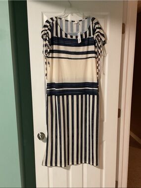 Suzanne Betro Navy and Cream Striped Midi Dress